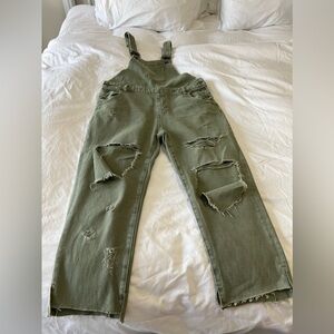 One Teaspoon Hooligan Distressed Cropped Overalls Green SZ 26 Destroyed Utility